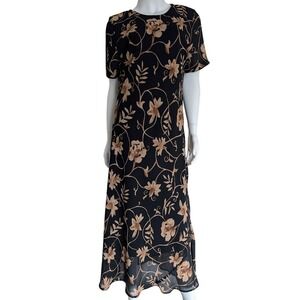 Vintage Chiffon Maxi Dress Medium Boho Cottage Dark Floral Country Modest 90s